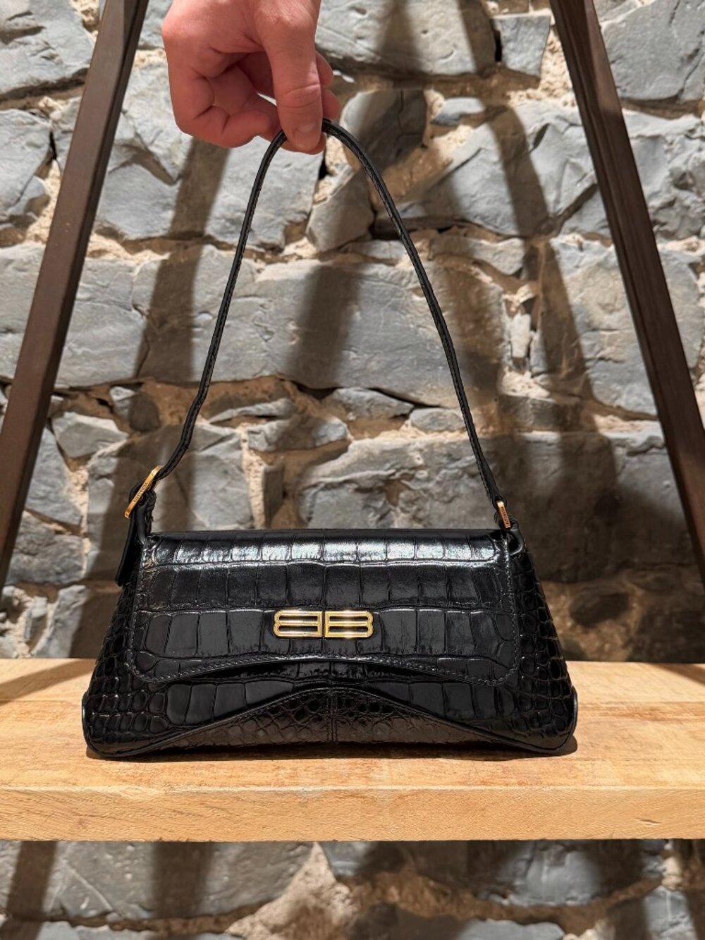 Balenciaga Black Croc Embossed XX Flap Small Shoulder Bag